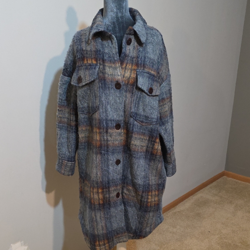 Zara Plaid Shacket | Oversized Wool-Blend | Blue Multi | Longline | Size‎ S